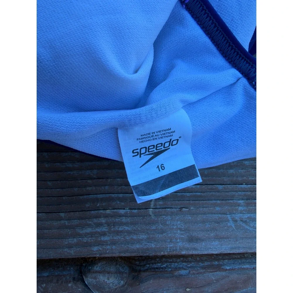 Speedo Girls One Piece Swimsuit Size 16 Navy Purple White Racerback Swimwear